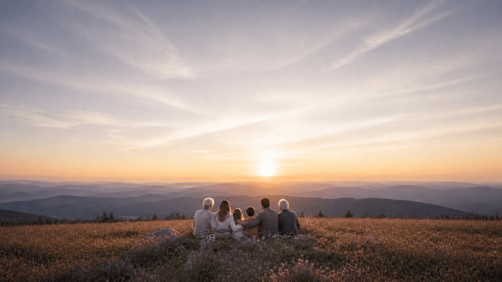 A family spanning three generations watches the sunrise together.