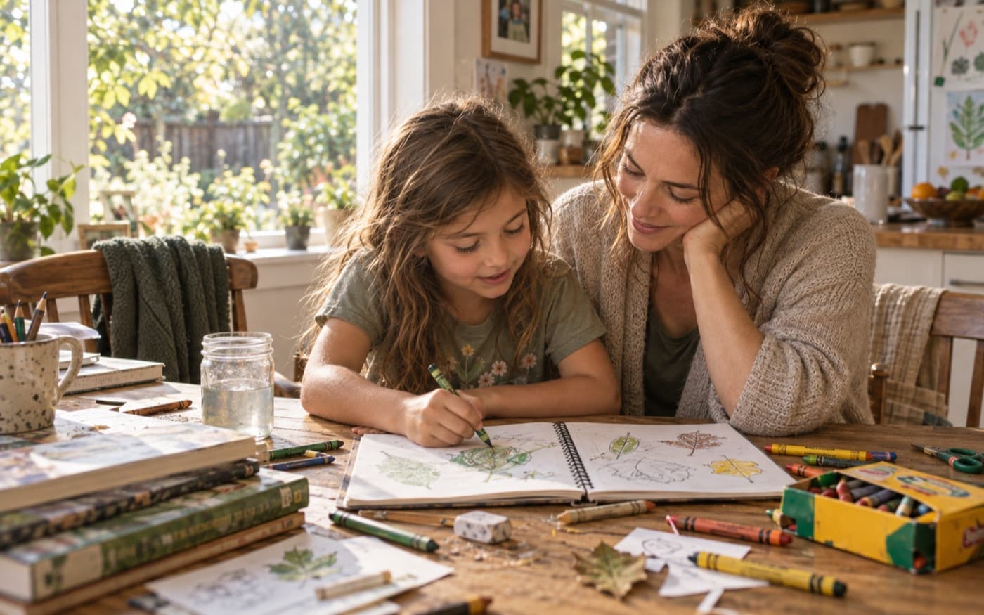 A mother and child at a busy kitchen table, the child drawing leaves in a sketchbook with crayons