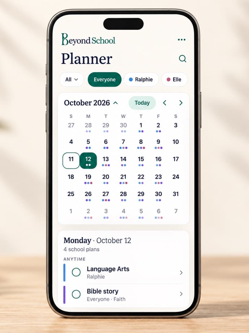 The BeyondSchool Planner on a phone: October, and Monday’s plans, Language Arts for Ralphie and a Bible story for everyone
