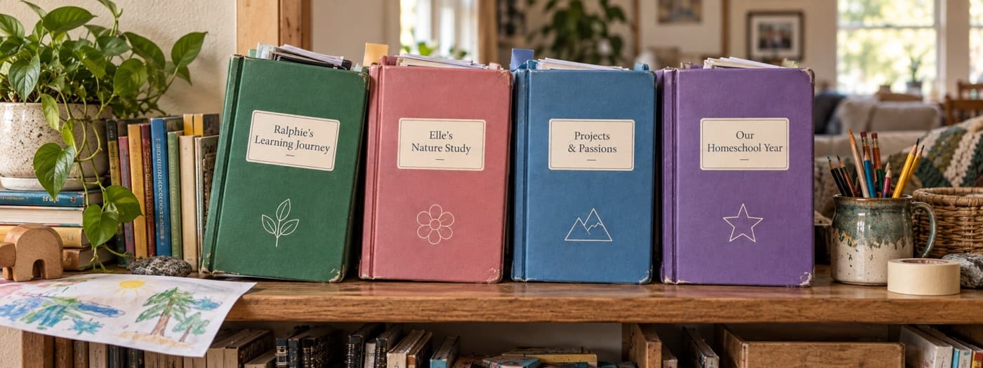 Four portfolios on a shelf: Ralphie’s Learning Journey, Elle’s Nature Study, Projects & Passions, and Our Homeschool Year